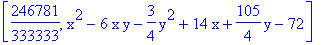 [246781/333333, x^2-6*x*y-3/4*y^2+14*x+105/4*y-72]